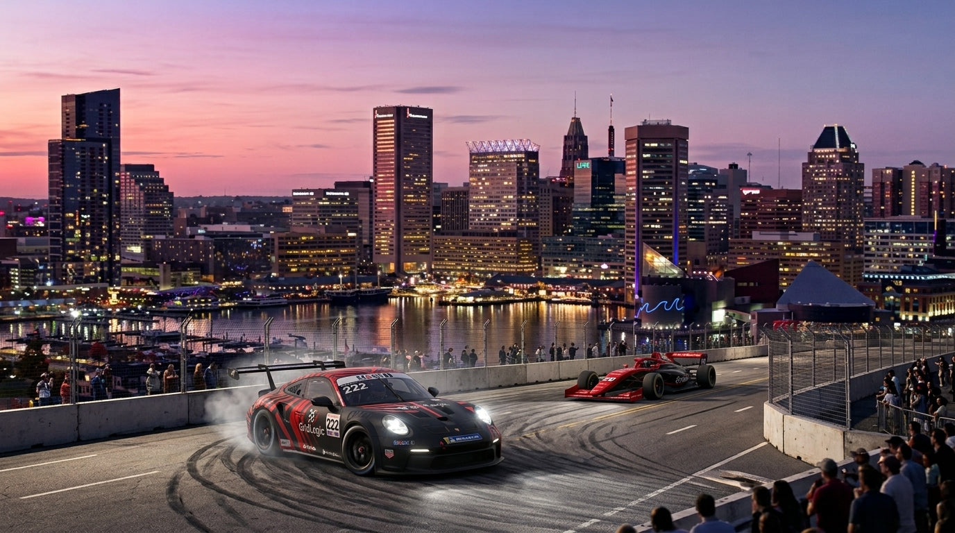 Grid Logic race car sliding on a street circuit beside a harbor skyline at dusk, with an open-wheel car ahead.